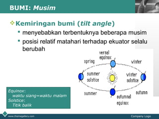 LOGOBUMI: Musim
Kemiringan bumi (tilt angle)
 menyebabkan terbentuknya beberapa musim
 posisi relatif matahari terhadap ekuator selalu
berubah
www.themegallery.com Company Logo
Equinox:
waktu siang=waktu malam
Solstice:
Titik balik
 