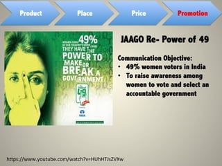 Product Place Price Promotion
Communication Objective:
•  49% women voters in India
•  To raise awareness among
women to vote and select an
accountable government
hGps://www.youtube.com/watch?v=HUhHTJsZVXw	
  
JAAGO Re- Power of 49
 
