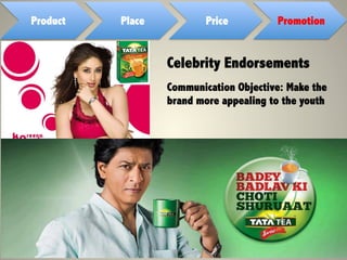 Product Place Price Promotion
Communication Objective: Make the
brand more appealing to the youth
Celebrity Endorsements
 
