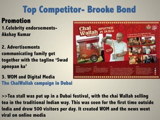 Top Competitor- Brooke Bond
Promotion
1.Celebrity endorsements-
Akshay Kumar
2. Advertisements
communicating family get
together with the tagline ‘Swad
apnepan ka’
3. WOM and Digital Media
The ChaiWallah campaign in Dubai
>>Tea stall was put up in a Dubai festival, with the chai Wallah selling
tea in the traditional Indian way. This was seen for the first time outside
India and drew 500 visitors per day. It created WOM and the news went
viral on online media
 