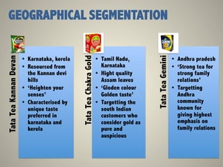 TataTeaKannanDevan
•  Karnataka, kerela
•  Resourced from
the Kannan devi
hills
•  ‘Heighten your
senses’
•  Characterised by
unique taste
preferred in
karnataka and
kerela
TataTeaChakraGold
•  Tamil Nadu,
Karnataka
•  Hight quality
Assam leaves
•  ‘Gloden colour
Golden taste’
•  Targetting the
south Indian
customers who
consider gold as
pure and
auspicious
TataTeaGemini
•  Andhra pradesh
•  ‘Strong tea for
strong family
relations’
•  Targetting
Andhra
community
known for
giving highest
emphasis on
family relations
GEOGRAPHICAL SEGMENTATION
 