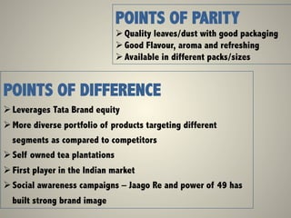 POINTS OF PARITY
Ø Quality leaves/dust with good packaging
Ø Good Flavour, aroma and refreshing
Ø Available in different packs/sizes
POINTS OF DIFFERENCE
Ø Leverages Tata Brand equity
Ø More diverse portfolio of products targeting different
segments as compared to competitors
Ø Self owned tea plantations
Ø First player in the Indian market
Ø Social awareness campaigns – Jaago Re and power of 49 has
built strong brand image
 