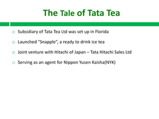 The Tale of Tata Tea


Subsidiary of Tata Tea Ltd was set up in Florida



Launched “Snapple”, a ready to drink ice tea



Joint venture with Hitachi of Japan – Tata Hitachi Sales Ltd



Serving as an agent for Nippon Yusen Kaisha(NYK)

 
