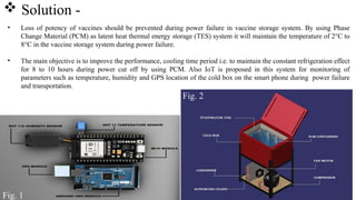 • Loss of potency of vaccines should be prevented during power failure in vaccine storage system. By using Phase
Change Material (PCM) as latent heat thermal energy storage (TES) system it will maintain the temperature of 2°C to
8°C in the vaccine storage system during power failure.
• The main objective is to improve the performance, cooling time period i.e. to maintain the constant refrigeration effect
for 8 to 10 hours during power cut off by using PCM. Also IoT is proposed in this system for monitoring of
parameters such as temperature, humidity and GPS location of the cold box on the smart phone during power failure
and transportation.
 Solution -
Fig. 1
Fig. 2
 