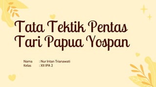 Tata Tektik Pentas
Tari Papua Yospan
Nama : Nur Intan Trianawati
Kelas : XII IPA 2
 