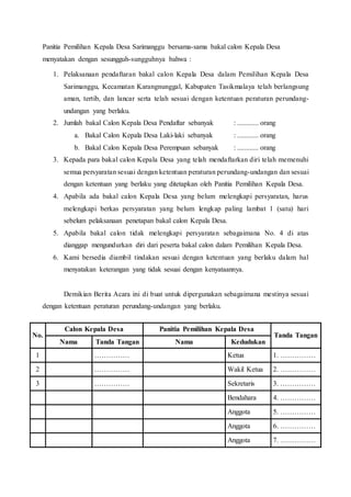 Panitia Pemilihan Kepala Desa Sarimanggu bersama-sama bakal calon Kepala Desa
menyatakan dengan sesungguh-sungguhnya bahwa :
1. Pelaksanaan pendaftaran bakal calon Kepala Desa dalam Pemilihan Kepala Desa
Sarimanggu, Kecamatan Karangnunggal, Kabupaten Tasikmalaya telah berlangsung
aman, tertib, dan lancar serta telah sesuai dengan ketentuan peraturan perundang-
undangan yang berlaku.
2. Jumlah bakal Calon Kepala Desa Pendaftar sebanyak : ............ orang
a. Bakal Calon Kepala Desa Laki-laki sebanyak : ............ orang
b. Bakal Calon Kepala Desa Perempuan sebanyak : ............ orang
3. Kepada para bakal calon Kepala Desa yang telah mendaftarkan diri telah memenuhi
semua persyaratan sesuai dengan ketentuan peraturan perundang-undangan dan sesuai
dengan ketentuan yang berlaku yang ditetapkan oleh Panitia Pemilihan Kepala Desa.
4. Apabila ada bakal calon Kepala Desa yang belum melengkapi persyaratan, harus
melengkapi berkas persyaratan yang belum lengkap paling lambat 1 (satu) hari
sebelum pelaksanaan penetapan bakal calon Kepala Desa.
5. Apabila bakal calon tidak melengkapi persyaratan sebagaimana No. 4 di atas
dianggap mengundurkan diri dari peserta bakal calon dalam Pemilihan Kepala Desa.
6. Kami bersedia diambil tindakan sesuai dengan ketentuan yang berlaku dalam hal
menyatakan keterangan yang tidak sesuai dengan kenyataannya.
Demikian Berita Acara ini di buat untuk dipergunakan sebagaimana mestinya sesuai
dengan ketentuan peraturan perundang-undangan yang berlaku.
No.
Calon Kepala Desa Panitia Pemilihan Kepala Desa
Tanda Tangan
Nama Tanda Tangan Nama Kedudukan
1 …………… Ketua 1. ……………
2 …………… Wakil Ketua 2. ……………
3 …………… Sekretaris 3. ……………
Bendahara 4. ……………
Anggota 5. ……………
Anggota 6. ……………
Anggota 7. ……………
 
