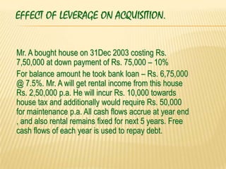 EFFECT OF LEVERAGE ON ACQUISITION.


Mr. A bought house on 31Dec 2003 costing Rs.
7,50,000 at down payment of Rs. 75,000 – 10%
For balance amount he took bank loan – Rs. 6,75,000
@ 7.5%. Mr. A will get rental income from this house
Rs. 2,50,000 p.a. He will incur Rs. 10,000 towards
house tax and additionally would require Rs. 50,000
for maintenance p.a. All cash flows accrue at year end
, and also rental remains fixed for next 5 years. Free
cash flows of each year is used to repay debt.
 