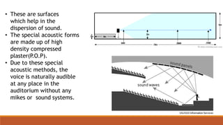 • These are surfaces
which help in the
dispersion of sound.
• The special acoustic forms
are made up of high
density compressed
plaster(P.O.P).
• Due to these special
acoustic methods, the
voice is naturally audible
at any place in the
auditorium without any
mikes or sound systems.
 