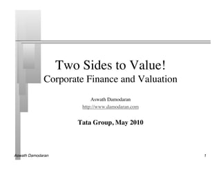 Two Sides to Value!
              Corporate Finance and Valuation 	

                             Aswath Damodaran	

                         http://www.damodaran.com	



                        Tata Group, May 2010	




Aswath Damodaran!                                      1!
 