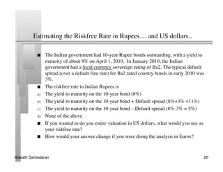 Estimating the Riskfree Rate in Rupees… and US dollars..	


                The Indian government had 10-year Rupee bonds outstanding, with a yield to
                 maturity of about 8% on April 1, 2010. In January 2010, the Indian
                 government had a local currency sovereign rating of Ba2. The typical default
                 spread (over a default free rate) for Ba2 rated country bonds in early 2010 was
                 3%.	

                The riskfree rate in Indian Rupees is	

           a)    The yield to maturity on the 10-year bond (8%)	

           b)    The yield to maturity on the 10-year bond + Default spread (8%+3% =11%)	

           c)    The yield to maturity on the 10-year bond – Default spread (8%-3% = 5%)	

           d)    None of the above	

                If you wanted to do you entire valuation in US dollars, what would you use as
                 your riskfree rate?	

                How would your answer change if you were doing the analysis in Euros?	




Aswath Damodaran!                                                                              20!
 