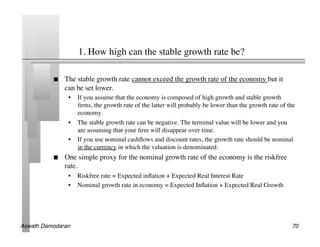 1. How high can the stable growth rate be?	


               The stable growth rate cannot exceed the growth rate of the economy but it
                can be set lower. 	

                 •  If you assume that the economy is composed of high growth and stable growth
                    ﬁrms, the growth rate of the latter will probably be lower than the growth rate of the
                    economy.	

                 •  The stable growth rate can be negative. The terminal value will be lower and you
                    are assuming that your ﬁrm will disappear over time. 	

                 •  If you use nominal cashﬂows and discount rates, the growth rate should be nominal
                    in the currency in which the valuation is denominated.	

               One simple proxy for the nominal growth rate of the economy is the riskfree
                rate.	

                 •  Riskfree rate = Expected inﬂation + Expected Real Interest Rate	

                 •  Nominal growth rate in economy = Expected Inﬂation + Expected Real Growth	





Aswath Damodaran!                                                                                       70!
 