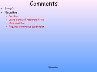 Comments 
• Story-3 
• Negative 
– Careless 
– Lacks Sense of responsibilities 
– Undependable 
– Requires continuous supervision 
Shivnandani 
 