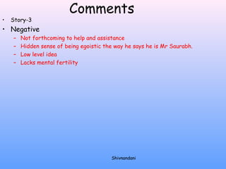 Comments 
• Story-3 
• Negative 
– Not forthcoming to help and assistance 
– Hidden sense of being egoistic the way he says he is Mr Saurabh. 
– Low level idea 
– Lacks mental fertility 
Shivnandani 
 