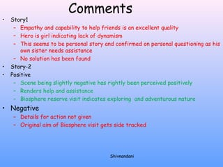 Comments 
• Story1 
– Empathy and capability to help friends is an excellent quality 
– Hero is girl indicating lack of dynamism 
– This seems to be personal story and confirmed on personal questioning as his 
own sister needs assistance 
– No solution has been found 
• Story-2 
• Positive 
– Scene being slightly negative has rightly been perceived positively 
– Renders help and assistance 
– Biosphere reserve visit indicates exploring and adventurous nature 
• Negative 
– Details for action not given 
– Original aim of Biosphere visit gets side tracked 
Shivnandani 
 