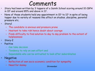 Comments 
• Story had been written by 3 toppers of a Sainik School scoring around 10 CGPA 
in 10th and around 85% and above in 11th. 
• None of these students held any appointment in 10th to 12th in spite of being 
topper due to variety of reasons like affect on studies ,discipline, parental 
pressure etc. 
• Story1 
– The candidate is anxious and pressure prone 
– Hesitant to take risk hence doubt about courage 
– Finds difficulty to find solution to day to day problem to the extent of 
helplessness 
• Story-2 
• Positive 
– Can take decision 
– Tendency to rely on own effort and 
– Dependable who can be entrusted to look after subordinates 
• Negative 
– Reflection of own socio economic condition for sympathy 
– Need for money Shivnandani 
 