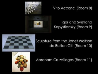 Vito Acconci (Room 8)


              Igor and Svetlana
          Kopystiansky (Room 9)


Sculpture from the Janet Wolfson
        de Botton Gift (Room 10)


Abraham Cruzvillegas (Room 11)
 