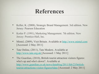 References

•   Keller, K. (2008), Strategic Brand Management. 3rd edition. New
    Jersey: Pearson Education
•   Kotler P. (1991), Marketing Management. 7th edition. New
    Jercey: Prentice-Hall, Inc.
•   Mintel, (2009), Visit Britain. Available at http://www.mintel.com
    [Accessed: 2 May 2011]
•   Tate Online, (2011), Tate Modern. Available at
    http://www.tate.org.uk [Accessed: 1 May 2011]
•   The Guardian, (2010), British tourist attraction visitors figures:
    who's up and who's down?. Available at
    http://www.guardian.co.uk/news/datablog/2011/feb/23/british-
    tourist-attractions-visitor-figures#data [Accessed: 2 May 2011]
 