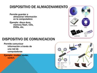 DISPOSITIVO DE ALMACENAMIENTO
Permite guardar o
almacenar información
en la computadora
Ejemplo: disco duro,
memory flash, CDs,
DVDs, etc.

DISPOSITIVO DE COMUNICACION
Permite comunicar
información a través de
una red de
computadoras
Ejemplo: moden, router,
switch.

 