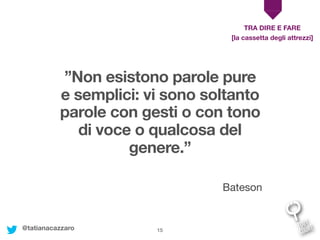 15
TRA DIRE E FARE
”Non esistono parole pure
e semplici: vi sono soltanto
parole con gesti o con tono
di voce o qualcosa del
genere.”
Bateson
[la cassetta degli attrezzi]
@tatianacazzaro
 