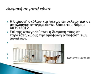  Η διαμονή σκύλων και γατών αποκλειστικά σε
μπαλκόνια απαγορεύεται βάσει του Νόμου
4039/2012.
 Επίσης απαγορεύεται η διαμονή τους σε
ταράτσες χωρίς την ομόφωνη απόφαση των
συνοίκων.


 Τατιάνα Πουτόκα
 