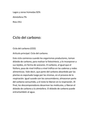 Lagos y zonas húmedas:92%

Atmósfera:7%

Rios:1%1




Ciclo del carbono:

Ciclo del carbono (CO2)

Artículo principal: Ciclo del carbono.

Este ciclo comienza cuando los organismos productores, toman
dióxido de carbono, para realizar la fotosíntesis, y lo incorporan a
sus tejidos, en forma de azúcares. El carbono, al igual que el
fósforo, pasa de nivel trófico a nivel trófico en las cadenas y redes
alimenticias. Vale decir, que parte del carbono absorbido por las
plantas es expulsado luego por las mismas, en el proseso de la
respiración. Igual sucede con los conusmidores; almacenan parte
del carbono consumido, y el resto lo liberan en la respiración. Al
final, los descomponedores desarman las moléculas, y liberan el
dióxido de carbono a la atmósfera. El dióxido de carbono puede
entrartambién al agua.
 