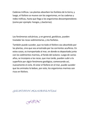 Cadenas tróficas. Las plantas absorben los fosfatos de la tierra, y
luego, el fósforo se mueve con los organismos, en las cadenas y
redes tróficas, hasta que llega a los organismos descomponedores
(como por ejemplo: hongos, y bacterias).




Los fenómenos volcánicos, y en general, geolóicos, pueden
trasladar las rocas sedimentarias, y los fosfatos.

También puede suceder, que no todo el fósforo sea absorbido por
las plantas, sino que sea arrastrado por las corrientes acuíferas. En
estos casos, es transportado al mar, en donde es depositado junto
con los sedimentos marinos, al fondo del océano. Luego de varios
años, se incorpora a las rocas, que mas tarde, pueden subir a la
superficie por algún fenómeno geológico, comenzando así,
nuevamente el ciclo. Al estar el fósforo en el mar, puede suceder
que los animales lo beban, por esto, los organismos marinos son
ricos en fósforo.




GESTION HAMBIENTAL



              FIN
 