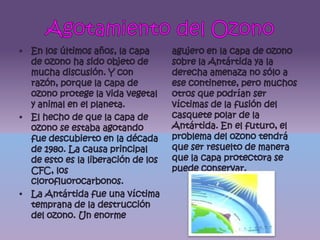 Agotamiento del OzonoEn los últimos años, la capa de ozono ha sido objeto de mucha discusión. Y con razón, porque la capa de ozono protege la vida vegetal y animal en el planeta.El hecho de que la capa de ozono se estaba agotando fue descubierto en la década de 1980. La causa principal de esto es la liberación de los CFC, los clorofluorocarbonos.La Antártida fue una víctima temprana de la destrucción del ozono. Un enorme agujero en la capa de ozono sobre la Antártida ya la derecha amenaza no sólo a ese continente, pero muchos otros que podrían ser víctimas de la fusión del casquete polar de la Antártida. En el futuro, el problema del ozono tendrá que ser resuelto de manera que la capa protectora se puede conservar.