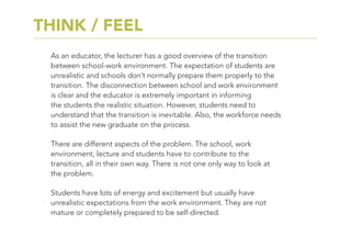 As an educator, the lecturer has a good overview of the transition
between school-work environment. The expectation of students are
unrealistic and schools don’t normally prepare them properly to the
transition. The disconnection between school and work environment
is clear and the educator is extremely important in informing
the students the realistic situation. However, students need to
understand that the transition is inevitable. Also, the workforce needs
to assist the new graduate on the process.
There are different aspects of the problem. The school, work
environment, lecture and students have to contribute to the
transition, all in their own way. There is not one only way to look at
the problem.
Students have lots of energy and excitement but usually have
unrealistic expectations from the work environment. They are not
mature or completely prepared to be self-directed.
THINK / FEEL
 