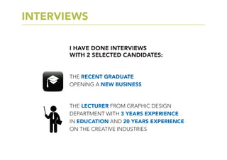 INTERVIEWS
I HAVE DONE INTERVIEWS
WITH 2 SELECTED CANDIDATES:
THE RECENT GRADUATE
OPENING A NEW BUSINESS
THE LECTURER FROM GRAPHIC DESIGN
DEPARTMENT WITH 3 YEARS EXPERIENCE
IN EDUCATION AND 20 YEARS EXPERIENCE
ON THE CREATIVE INDUSTRIES
 