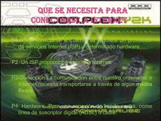 P1: Para conectarse a Internet se requiere un proveedor
  de servicios Internet (ISP) y determinado hardware.

P2: Un ISP proporciona acceso a Internet.

P3:Coneccion:La comunicación entre nuestro ordenador e
  Internet necesita transportarse a través de algún medio
  físico.

P4: Hardware. Para una conexión de banda ancha, como
  línea de suscriptor digital (ADSL) o cable.
 