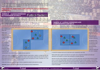 Por tanto apresentamos práticas de jogo de prioridade tática para a melhora dos diferentes das ajudas
ofensivas, da progressão, dos contra ataques, das cargas ofensivas e da velocidade ofensiva, todas elas
desde o ponto de vista da tática individual.

PRÁTICAS DE JOGO PARA A MELHORA DA TÁTICA INDIVIDUAL
OFENSIVA 2

TAREFA 9	 AJUDAS OFENSIVAS
AO POSSUIDOR DA BOLA

Tática ofensiva consistente em colaborar e cooperar com os companheiros, tanto o que tem a bola com
seus companheiros como isso com ele e os que não têm a bola entre eles. Isso conduz a que a equipe
não perca a bola enquanto trata de progredir para o gol rival e em caso de que o perca estar preparado         TAREFA 10 	 AJUDAS OFENSIVAS AOS
para a transição defensiva.                                                                                    COMPANHEIROS SEM BOLA
As ajudas ao jogador com bola tem que proporcionar-lhe diferentes opções para que este possa jogar a        Tática ofensiva consistente em colaborar e cooperar com os companheiros, tanto o que tem a bola
bola segundo lhe convenha, tanto proporcionando-lhe linhas de passe como gerando-lhe espaços para           com seus companheiros como isso com ele e os que não têm a bola entre eles. Isso conduz a que a
que progrida para a                                                                                                                                                                         equipe não perca a
trave rival.                                                                                                                                                                                bola enquanto trata
                                                                                                                                                                                            de progredir para
Neste caso
                                                                                                                                                                                            o gol e em caso de
planteamos uma
                                                                                                                                                                                            que o perca está
tarefa para aprender
                                                                                                                                                                                            preparado para a
a ajuda ao possuidor
                                                                                                                                                                                            transição defensiva.
da bola.
                                                                                                                                                                                            Os jogadores sem
Joga-se um 1x1+©
                                                                                                                                                                                            bola ajudam a seus
em um espaço
                                                                                                                                                                                            companheiros sem
determinado
                                                                                                                                                                                            bola realizando
cujas dimensões
                                                                                                                                                                                            desdobramentos
as marcará o
                                                                                                                                                                                            ofensivos,
preparador físico
                                                                                                                                                                                            vigilâncias ofensivas
e o treinador em
                                                                                                                                                                                            de rivais e espaços
função de suas
                                                                                                            e criando-lhe espaços para que os aproveite outro companheiro sem bola.
necessidades e das características e idades de seus jogadores.
                                                                                                            Nesta tarefa algum jogador sem bola tem que ajudar outro companheiro também sem bola que
Trata-se de manter a posse da bola, o trabalho especifico desta tarefa o realiza o curinga que tem que
                                                                                                            abandone sua posição ou se situa mais avançado em tarefas ofensivas.
estar atento constantemente a que jogador tem a bola e estar sempre disponível para que lhe passe a
bola, dando linhas de passe e oferecendo-se sempre como uma ajuda por si este o necessita. Se o rival       Marcam-se duas zonas contiguas e se jogam um 2x2 em casa zona, uma zona mais próxima a nossa
se faz com a bola agora ajuda ao que tem a bola.                                                            trave e a outra mais distanciada, trata-se de manter a posse da bola em todo o espaço, mas sempre
                                                                                                            tem que ter um jogador sem bola na zona mais próxima trave, assim se um companheiro situado mais
Cada certo tempo se mudam os roles e todos os jogadores passam pelo posto de curinga.
                                                                                                            atrás abandona sua zona para ajudar a manter a posse, outro companheiro sem bola tem que vir a
Variantes: joga se um 2x2+1© e agora tem que dá ajudas aos dois companheiros                                ocupar sua posição

212                                                                                                                                                                                                           213
      NOVEMBRO                          Futsal                                  © Artigo publicado em     www.futbol-tactico.com                         Futsal                                   NOVEMBRO
 