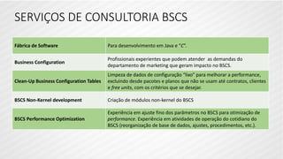 Fábrica de Software Para desenvolvimento em Java e “C”.
Business Configuration
Profissionais experientes que podem atender as demandas do
departamento de marketing que geram impacto no BSCS.
Clean-Up Business Configuration Tables
Limpeza de dados de configuração “lixo” para melhorar a performance,
excluindo desde pacotes e planos que não se usam até contratos, clientes
e free units, com os critérios que se desejar.
BSCS Non-Kernel development Criação de módulos non-kernel do BSCS
BSCS Performance Optimization
Experiência em ajuste fino dos parâmetros no BSCS para otimização de
performance. Experiência em atividades de operação do cotidiano do
BSCS (reorganização de base de dados, ajustes, procedimentos, etc.).
SERVIÇOS DE CONSULTORIA BSCS
 