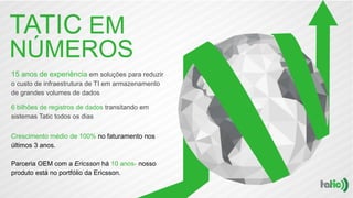 15 anos de experiência em soluções para reduzir
o custo de infraestrutura de TI em armazenamento
de grandes volumes de dados
TATIC EM
NÚMEROS
6 bilhões de registros de dados transitando em
sistemas Tatic todos os dias
Crescimento médio de 100% no faturamento nos
últimos 3 anos.
Parceria OEM com a Ericsson há 10 anos- nosso
produto está no portfólio da Ericsson.
 