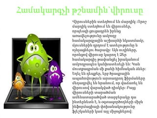 Համակարգչիթշնամին`վիրուսըՎիրուսներին ստեղծում են մարդիկ: Որոշ մարդիկ ստեղծում են վիրուսներ, որպեսզի ցուցադրեն իրենց առավելությունը ամբողջ համակարգչային աշխարհի նկատմամբ, մյուսներին դրդում է ատելությունը և ոչնչացնելու ծարավը: Այն ուղիները, որոնցով վիրուսը կարող է Ձեր համակարգիչ թափանցել իրականում ամբողջապես կանխատեսելի են: Կան մուտքագրման մի քանի հիմնական ձևեր: Եղել են դեպքեր, երբ ծրագրային ապահովություն արտադրող ֆիրմաները մեղադրվել են նրանում, որ վաճառել են վիրուսով վարակված դիսկեր: Բայց վիրուսների տարածման ամենատարածված տարբերակը դա ինտերնետն է, և օգտագործողների միջև ինֆորմացիայի փոխանակությունը ֆլեշկաների կամ այլ միջոցներով: