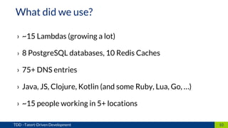 › ~15 Lambdas (growing a lot)
› 8 PostgreSQL databases, 10 Redis Caches
› 75+ DNS entries
› Java, JS, Clojure, Kotlin (and some Ruby, Lua, Go, …)
› ~15 people working in 5+ locations
10TDD –Tatort-Driven Development
What did we use?
 