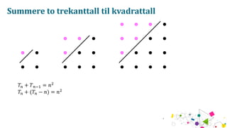 Summere to trekanttall til kvadrattall
?? + ? ??? = ? ?
?? + (?? ? ?) = ? ?
 
