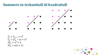 Summere to trekanttall til kvadrattall
?? + ? ??? = ? ?
?? + (?? ? ?) = ? ?
2?? = ? ?
+ ?
2?? = ?(? + 1)
 