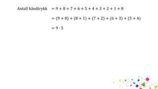 Antall håndtrykk = 9 + 8 + 7 + 6 + 5 + 4 + 3 + 2 + 1 + 0
= (9 + 0) + (8 + 1) + (7 + 2) + (6 + 3) + (5 + 4)
= 9 ⋅ 5
 