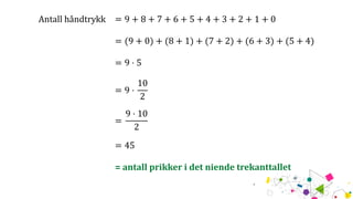 Antall håndtrykk = 9 + 8 + 7 + 6 + 5 + 4 + 3 + 2 + 1 + 0
= (9 + 0) + (8 + 1) + (7 + 2) + (6 + 3) + (5 + 4)
= 9 ⋅ 5
= 9 ⋅
10
2
=
9 ⋅ 10
2
= 45
= antall prikker i det niende trekanttallet
 