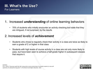 II. What’s the Use? 
For Learners 
1. Increased understanding of online learning behaviors 
• 70% of students who initially encounter an activity checking tool state that they 
are intrigued, if not surprised, by the results 
2. Increased levels of achievement 
• Students who chose to regularly check their activity in a class are twice as likely to 
earn a grade of C or higher in that class 
• Students with high levels of course activity in a class are not only more likely to 
pass, but have been seen to achieve a half-grade higher in subsequent classes 
that require it. 
SOURCES: 
Fritz, J (2011) “Classroom walls that talk: Using online course activity data of successful students to raise self-awareness 
of underperforming peers” in The Internet and Higher Education. 14(2) 
 