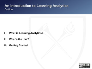 An Introduction to Learning Analytics 
Outline 
I. What is Learning Analytics? 
II. What’s the Use? 
III. Getting Started 
 