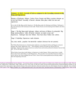 February 12, 2013. Cascade of Tattvas compared to the Cascading elements in Big
Bang and Supernovae.
Burning of Hydrogen, Helium, Carbon, Neon, Oxygen and Silicon produce elements up
to iron and Nickel. Assembly of heavier elements takes place within the stars and
supernovae.
Let us take the Big Bang and the Supernova. The Big Bang made the Hydrogen and Helium. Hydrogen is
the stemsubstance ofall substances in the world. Nuclear fusion converts hydrogen into Helium and other
substances.
Stage 1. The Big Bang made hydrogen, helium and traces of lithium by primordial Big
Bang nucleosynthesis, while all heavier elements are made in stars and
Supernovae. Hydrogen fuses into Helium. Stars burn (fuse) Helium into carbon.
Stage 2. Exploding Supernovae made elements.
Gas, dust, metals…populate the interstellar medium (between the star systems).
The White Dwarf detonates in a thermonuclear explosion converting the Carbon and Oxygen to heavier
elements like nickel, magnesium, iron… These elements found in the earth are derived from the
exploding Supernovae by a process known as nuclear fusion and nucleosynthesis forelements heavier than
iron. We are all made of star dust.
When Carbon burns (fuses)with Helium in Supernova,it yields Oxygen; When oxygen burns, it yields
Neon; Neon burns with helium to yield Magnesium. This cascade is very much like the process that you
see in Tattvas:one Tattva yielding the next Tattva. These Tattvas attain gradual and increasing solidity
from the beginning to the end.
e hydrogen and helium into heavier elements. Two protons and two neutrons are the nucleus of a helium atom, which turns out to be very stable. Three he
six, magnesium; seven,silicon; eight, sulfur; and so on. Every time we add one or more protons and enough neutrons to keep the nucleus together,we ma
neutrons from mercury, we make gold, the dream of the ancient alchemists. Beyond uranium there are other elements that do not naturally occur on Earth.
fall to pieces. One of them, Element 94, is called plutonium and is one of the most toxic substances known.Unfortunately, it falls to pieces rather slowly
 
