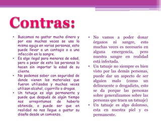 Contras:
•   Buscamos no gastar mucho dinero y          • No vamos a poder donar
    por eso muchas veces se usa la               órganos ni sangre, esto
    misma aguja en varias personas, esto         muchas veces es necesario en
    puede llevar a un contagio o a una
                                                 alguna     emergencia,    pero
    infección en la sangre.
•   Es algo ilegal para menores de edad,         nuestra sangre en realidad
    pero a pesar de esto las personas lo         está infectada.
    hacen sin importar la edad de su           • Un tatuaje no siempre es bien
    cliente.                                     visto por las demás personas,
•   No podemos saber con seguridad de            puede dar un aspecto de ser
    donde vienen los materiales que              alguien malo (como un
    fueron utilizados y muchas veces             delincuente o drogadicto, esto
    utilizan alcohol, cigarrillo o drogas.
                                                 se da porque las personas
•   Un tatuaje es algo permanente y
    puede que después de algún tiempo            sobre generalizamos sobre las
    nos     arrepintamos      de     haberlo     personas que traen un tatuaje)
    obtenido, o puede ser que en               • Un tatuaje es algo doloroso,
    realidad no nos llegue a gustar su           esta en nuestra piel y es
    diseño desde un comienzo.                    permanente.
 