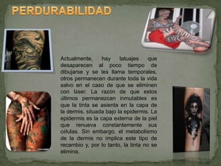 Actualmente,     hay     tatuajes    que
desaparecen al poco tiempo de
dibujarse y se les llama temporales,
otros permanecen durante toda la vida
salvo en el caso de que se eliminen
con láser. La razón de que estos
últimos permanezcan inmutables es
que la tinta se asienta en la capa de
la dermis, situada bajo la epidermis. La
epidermis es la capa externa de la piel
que renueva constantemente sus
células. Sin embargo, el metabolismo
de la dermis no implica este tipo de
recambio y, por lo tanto, la tinta no se
elimina.
 