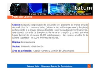 Casos de éxito - Sistema de Gestión del Conocimiento 13
Perfil del Cliente
Cliente: Compañía responsable del desarrollo del programa de marca privada
de productos de consumo masivo (alimentación, cuidado personal y limpieza)
perteneciente a la mayor cadena detallista (supermercados) de Centroamérica,
que operaba con más de 500 puntos de venta en la región y contaba con una
fuerza laboral de al menos 27.000 colaboradores. Las ventas anuales de la
cadena superaban los 1,245 millones de dólares.
Región: Centroamérica
Sector: Comercio y Distribución
Área de actuación: Capital Humano y Gestión de Conocimiento
 