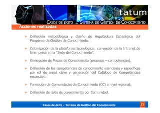 Casos de éxito - Sistema de Gestión del Conocimiento 15
Definición metodológica y diseño de Arquitectura Estratégica del
Programa de Gestión de Conocimiento.
Optimización de la plataforma tecnológica: conversión de la Intranet de
la empresa en la “Sede del Conocimiento”.
Generación de Mapas de Conocimiento (procesos – competencias).
Definición de las competencias de conocimiento esenciales y específicas
por rol de áreas clave y generación del Catálogo de Competencias
respectivo.
Formación de Comunidades de Conocimiento (CC) a nivel regional.
Definición de roles de conocimiento por Comunidad.
Acciones realizadas
 