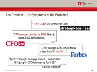 The Problem … Or Symptoms of the Problem? “… The average CFO tenure today is less than  30 months …” “ 1 in 7 CEOs  will turnover in 2006.” “ CFO turnover doubled in 2006 , likely to reach 2,500 terminations.” “ April ‘07 brought earnings season…and another 18% jump in CFO turnover vs April ‘06.” Liberum Research 