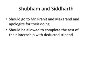 Shubham and Siddharth
• Should go to Mr. Pranit and Makarand and
  apologize for their doing
• Should be allowed to complete the rest of
  their internship with deducted stipend
 