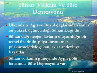 Sühan Volkanı Ve Süte
Depresyonu
Ülkemizin Ağrı ve Buzul dağlarından sonra
en yüksek üçüncü dağı Sühan Dağı'dır.
Sühan dağı neojen lavların oluşturduğu bir
temel üzerinde pliyo-kuvaterner
püskürmeleriyle çıkan lavlar andezit ve
bazaltlar.
Sühan volkanın güneyinde Aygır gölü
batısında Süte Depresyonu var.
Sızma-hyvblk
 