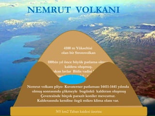 NEMRUT VOLKANI
305 km2 Taban kaidesi üzerine
4100 m Yükseltisi
olan bir Strotovolkan
100bin yıl önce büyük patlama olmuş
kaldera oluşmuş.
Burdan çıkan lavlar Bitlis vadisi kadar uzanmış
vadiyi kapatmasıyla bugünkü volkanik set gölü olan
Van gölü oluşmuş.
Nemrut volkanı en son patlaması 1441 yılında olmuşNemrut volkanı pliyo- Kuvaterner patlaması 14411-1441 yılında
olmuş sonrasında çökmeyle bugünkü kalderası oluşmuş
Çeveresinde birçok parazit koniler mevcuttur.
Kalderasında kendine özgü mikro klima olanı var.
 